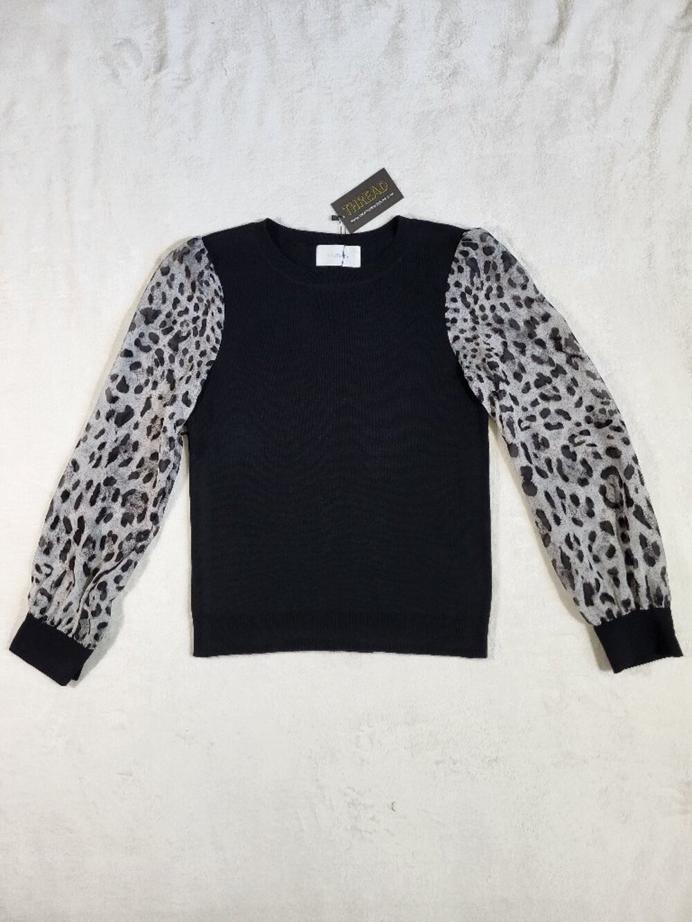 NWT Six / Fifty Black Knit Top with Animal Sheer Sleeves - Size Small